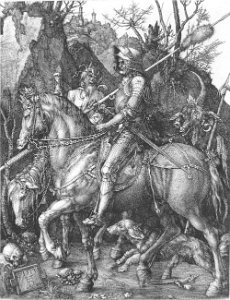 Monday 12 July, 2010    One of Deurer's master works completed in Nürnberg is a copperplate engraving called  Knight, Death and the Devil.   It was engraved in 1513 and is one of his three master prints.  The print portrays an armoured Christian Knight riding through a narrow gorge flanked by a pig snouted devil and the figure of death riding a pale horse. Death holds an hourglass to remind the knight of the shortness of his life. He is  contemptuous of the threats and rides on.